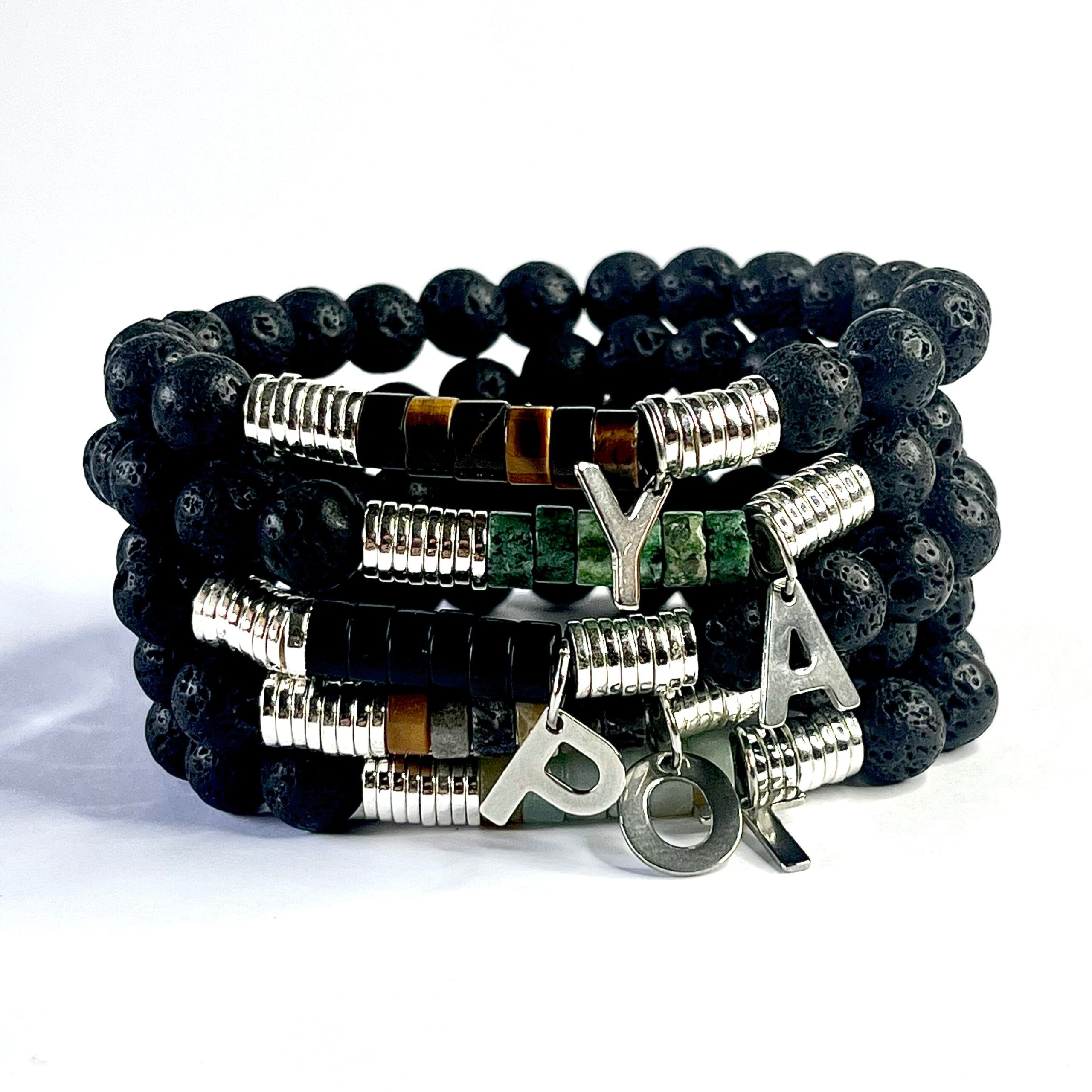 Bracelet homme de pierre naturelle d'agate noire, amazonite, mix, oeil du tigre et turquoise d'Afrique et d'hématite argentée conçu sur mesure avec des perles de 6 mm