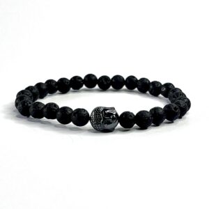 Bracelet homme bouddha en pierres naturelles de lave noires et hématites noires conçu sur mesure avec des perles de 6 mm