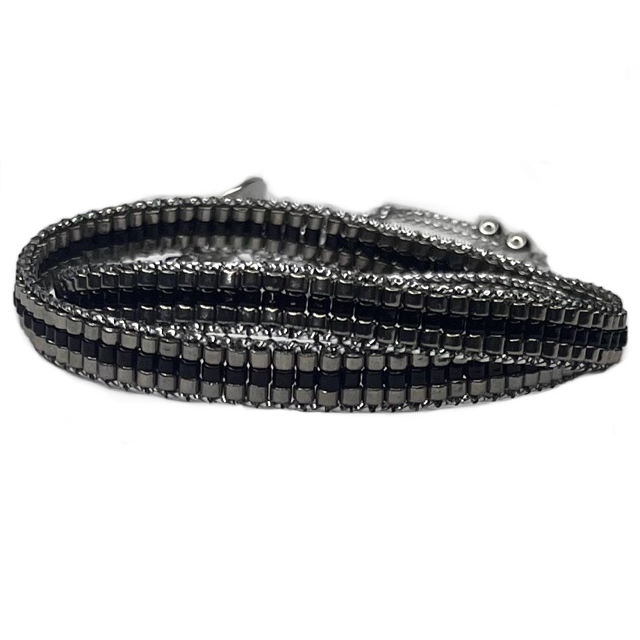 Manchette femme en perles Japonaise Miyuki, argenté et noire conçu des perles de 2 mm