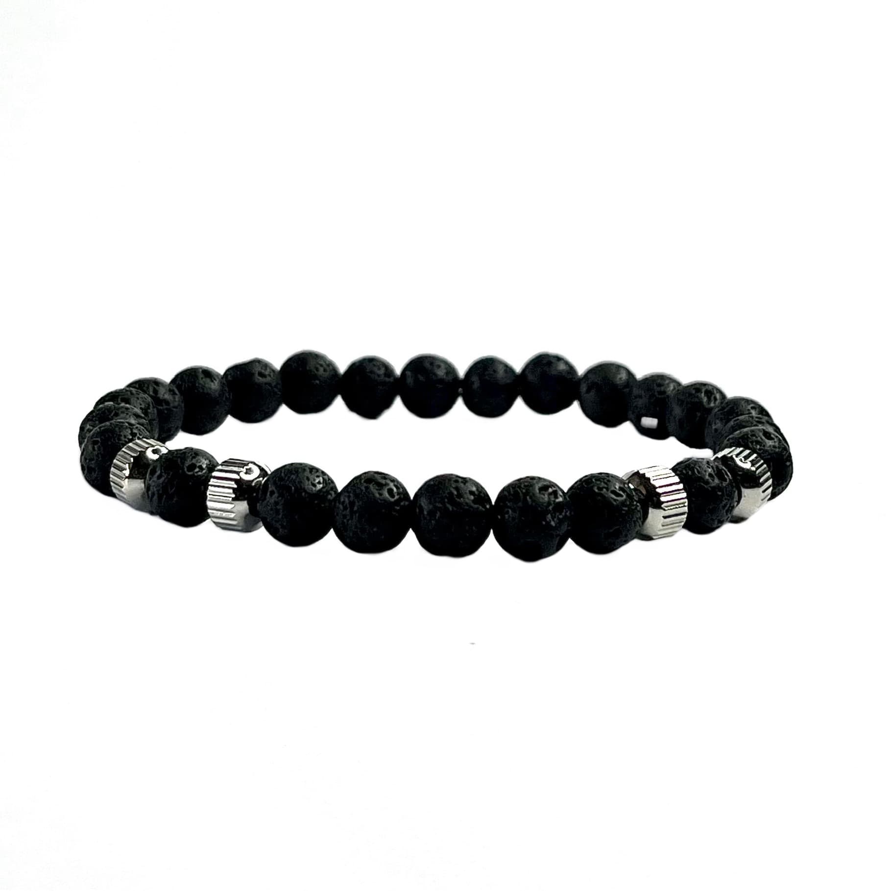 Bracelet homme en pierres de lave noire et acier inoxydable conçu sur mesure avec des perles de 6 mm