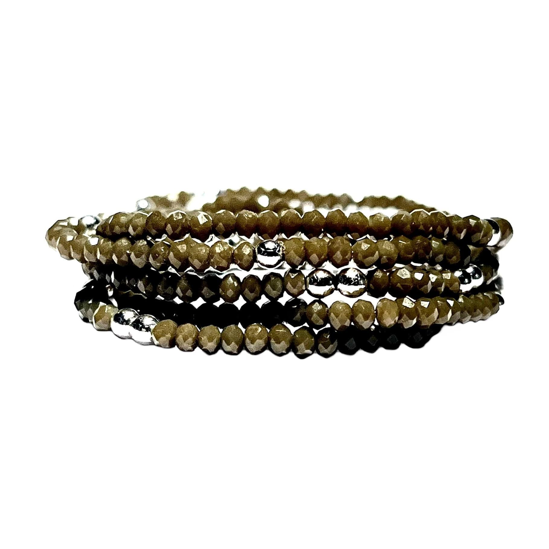 Bracelet femme cinq tours kaki en perle de facettes en verre de cristal conçu sur mesure avec des perles de 3 mm