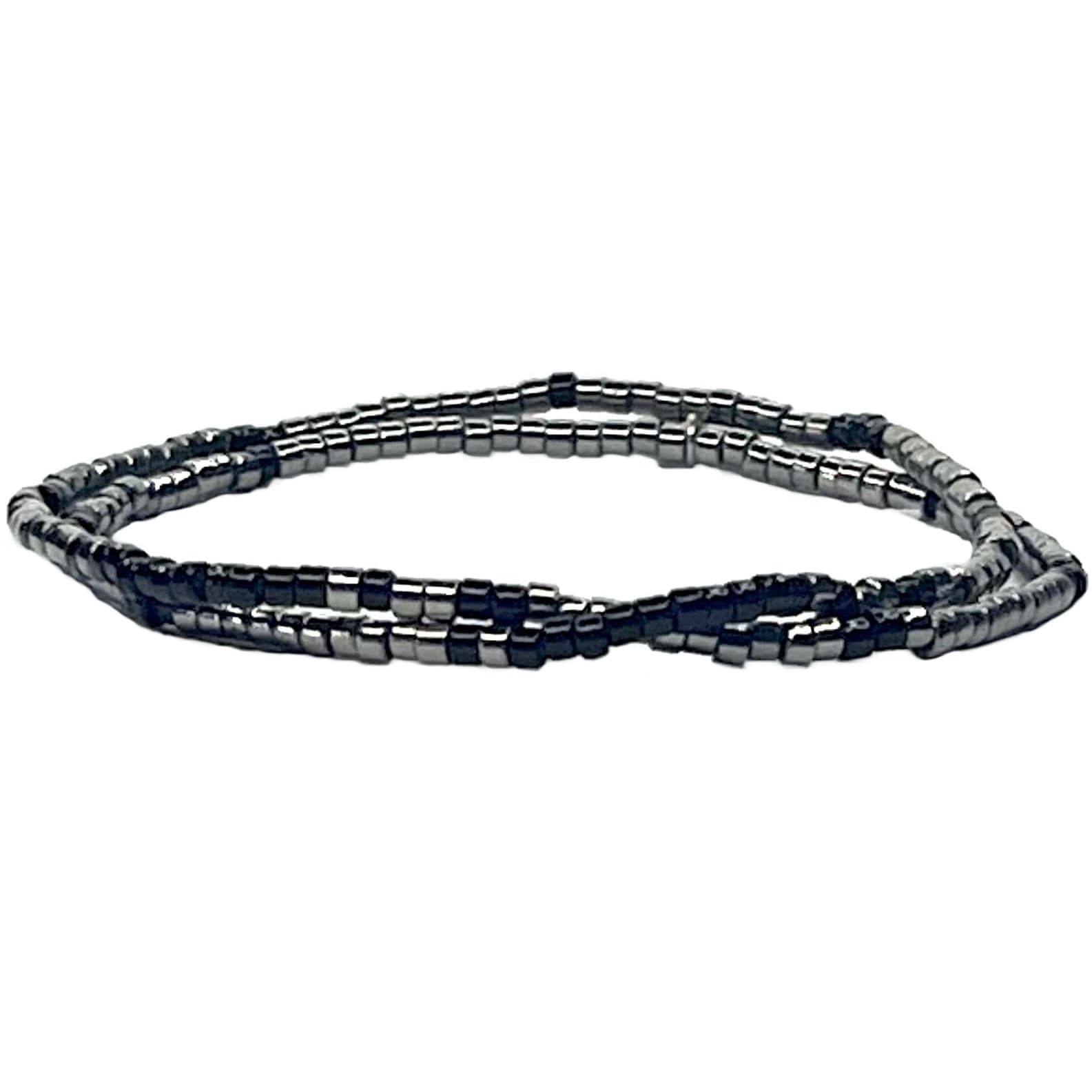 Bracelet 2 tours femme en perles Miyuki argentée & noire conçu sur mesure avec des perles de 2 mm