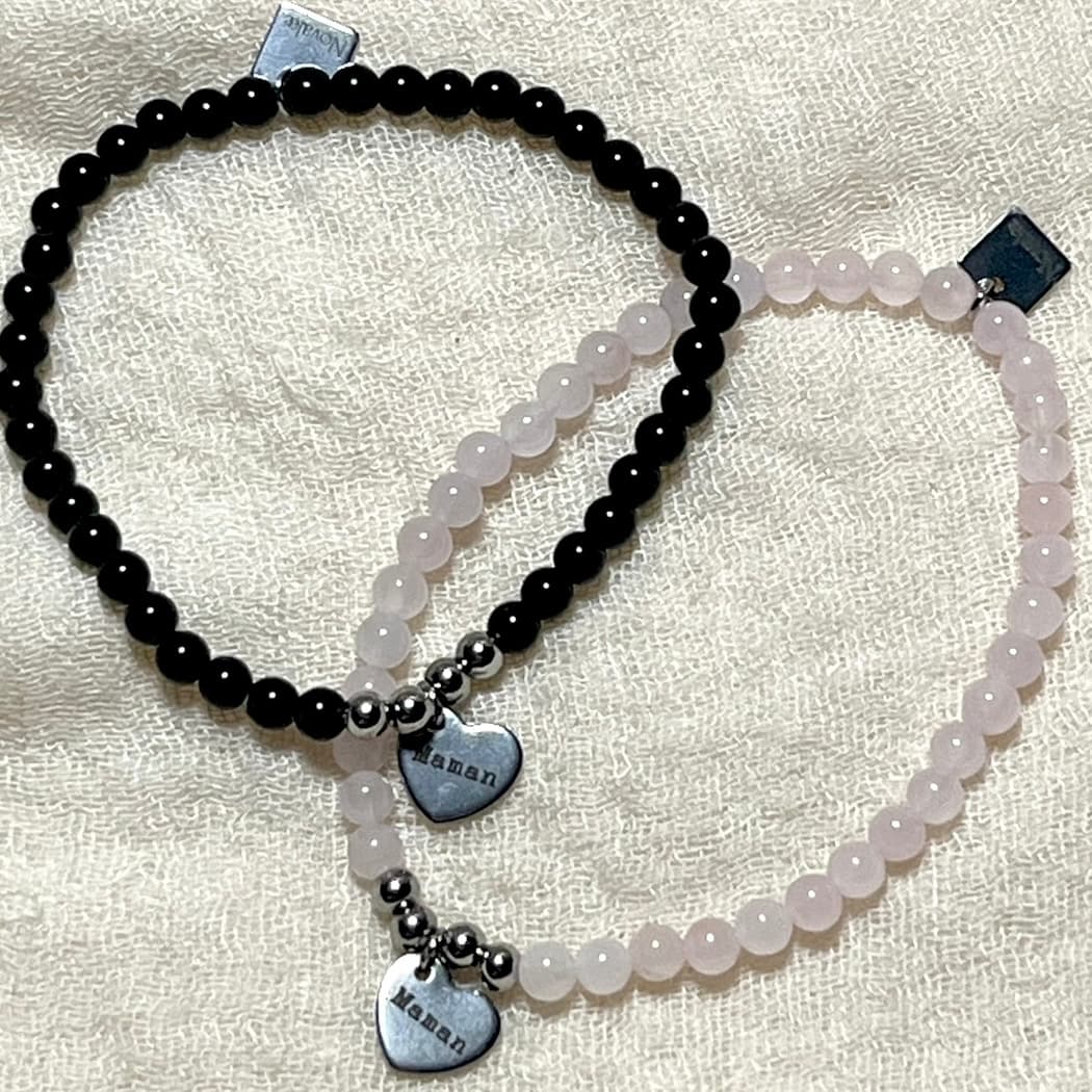 Bracelet femme een perles pierre naturelle obsidienne, quartz rose avec un cœur en acier inoxydable gravé conçu sur mesure avec des perles de 3 mm