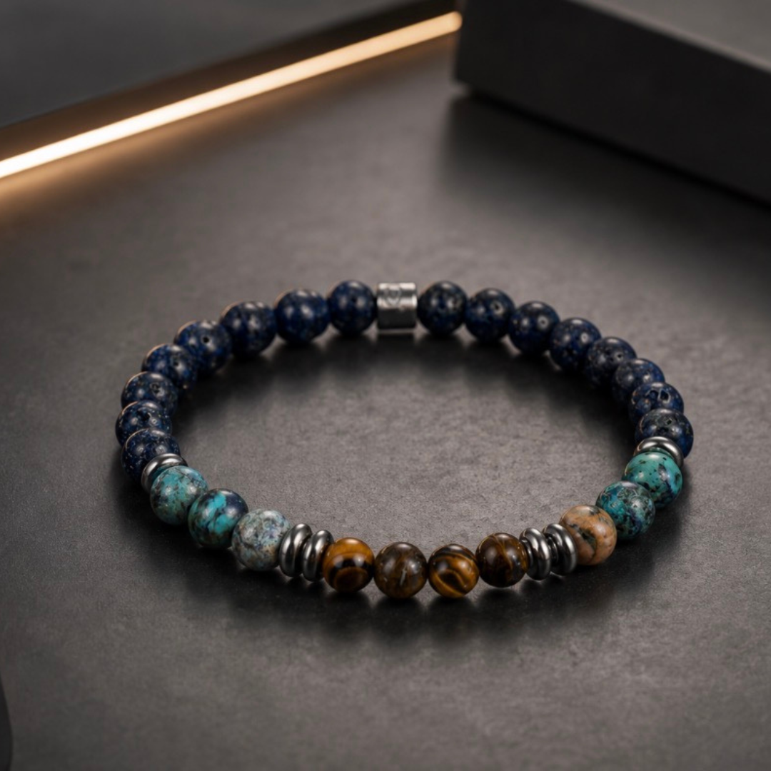 Bracelet homme DALLAS en pierres de lave, de turquoise d'Afrique et d'oeil de tigre conçu sur mesure avec des perles de six millimètres