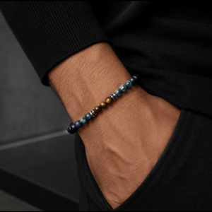 Bracelet homme DALLAS en pierres de lave, de turquoise d'Afrique et d'oeil de tigre conçu sur mesure avec des perles de six millimètres